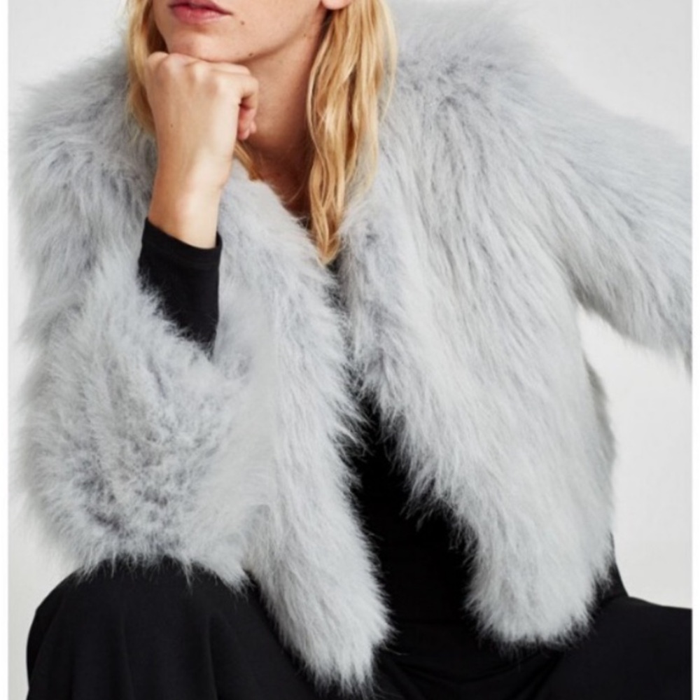 Zara M Gray Blue Faux Fur Jacket Coat Blogger Favorite
